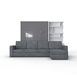 Schrankbett mit Sofa Klappbett - INVENTO Aufklappbett mit Ecksofa - 160 x 200 cm (Weiß/Grau Glanz) für Gästezimmer - Wohnzimmer - S