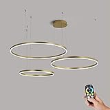 65W Pendelleuchte Kronleuchter Wohnzimmer Dimmbar mit Fernbedienung LED Modern Kreativ Pendellampe Ring Rund 3-flammig Gold Aluminium Acryl Deckenleuchte Esszimmer Hängelampe S