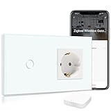 BSEED Normale Schuko Steckdose mit Smart ZigBee Schalter 1 Fach 1 Weg Alexa WIFI Berührung Wandschalter 16 Amp Glasscheibe Schalter mit Steckdose (ZigBee Hub Erforderlich, Kein neutraler) Weiß