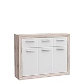 FORTE Baccio Kommode mit 3 Türen und 3 Schubkästen, Holzwerkstoff, Sandeiche / Weiß, 117.90 x 34 x 91.50