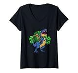 Damen Leprechaun Riding a T-Rex Dinosaurier Funny St Patricks Day T-Shirt mit V