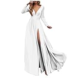 Lazzboy Kleid Festlich Damen V-Ausschnitt Spitze Off Shoulder Plissee Kurzarm Schlitz Elegante Maxikleid Partykleid Abendkleid Hochzeit Langes Langarm Cocktailkleid Ballkleid (Weiß,XL)