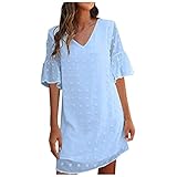 Kolylong® Damen V-Ausschnitt Sommerkleid Einfarbig Elegant Freizeitkleid Mit Trompetenärmeln Minikleid Sommer Patchwork Strandkleid Sommer Lose Casual Blumenkleid für F