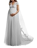 HUINI Brautkleider Hochzeitekleid für Schwangere Spitzen Prinzessin Brautmode Umstandebrautkleid Groß Größen Hochzeitskleid mit Schleppe Weiß 44