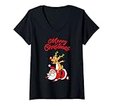 Damen Frohe Weihnachten Merry Christmas Rentier Weihnachtsmann T-Shirt mit V