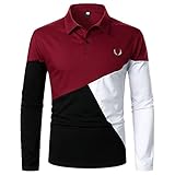 huichang Modisches Poloshirt für Herren, Revershirt, langärmlig, Patchwork, gestreift, Kontrast, modisches Design, Henley-Hemd, 30 Modi, #030: Schwarz, M