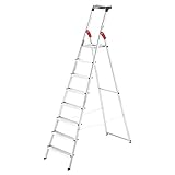 Hailo L60 StandardLine Alu-Sicherheits-Stehleiter | Leiter 8 Stufen belastbar bis 150 kg | stabile Holmführung | Stehleiter mit Ablage | klappbare Aluleiter made in Germany | Leiter rostfrei | silb