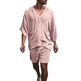 sutelang lurryly Trainingsanzug für Herren, Frühling und Sommer, Kapuzen-Sweatshirt, Shorts, 2-teilig, einfarbig, Tops, mittellang, aus Baumwolle und Leinen, Jogging, Sportswear, Rosa, XL