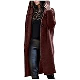 KIMODO Strickjacke Strickmantel Strickpullover Damen Lang mit Tasche Langarm Leichter mit Kapuze Offener Vorderseite Pullover Knöpfen Einfarbiger Midimantel Outwear (B-Wein, XXL)