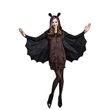 Lazzboy Halloween Kostüm Damen Schwarze Fledermaus Hexe Cosplay Mit Kapuze Kleid Uniform Faschingskostüme Karneval (XXL,Schwarz)