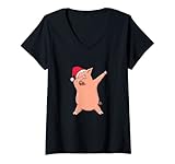 Damen Dabbing Dab Schwein Tanz Figur Weihnachten Mädchen Ferkel T-Shirt mit V