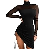 Strickkleid damen herbst lang Glitzer Geschlitzte Säume Kontrastierendes NetzkleidTurtleneck Langarm Strickkleid schwarz Rotes partykleid Winterkleid damen langarm Satin kleid lang rück