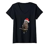 Damen Weihnachts-Eule mit Weihnachtsmütze Lustiges Motiv T-Shirt mit V