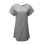 Damen Mini Leinen Kleid Sommer Kleid Freizeit Kleid Casual Solid Color Short Sleeve Fashion Crew Neck Beach Party Rock Kaftan Kleid Luftiges Kleid Florydays Kleider Tuchkleid Blusenkleid Grau M