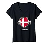 Damen Dänische Flagge Herz Dänemark Fußball Fan Trikot Damen T-Shirt mit V