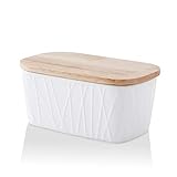 KOOV Große Butterdose aus Porzellan mit Deckel für Arbeitsplatte, luftdichter Butterbehälter mit Eichendeckel, Buttertopf perfekt für 2 Stäbchen Butter, unregelmäßig gestreifte Serie (weiß)