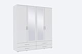Rauch Möbel Rasant, Schrank Drehtürenschrank mit Spiegel inklusive 4 Schubladen, 4-türig, Zubehörpaket Basic 2 Einlegeböden, 1 Kleiderstange, Weiß, 52 x 168 x 188
