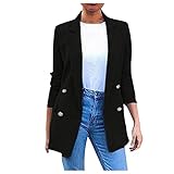 Rongbang Blazer Damen Elegant Gekerbter Kragen Anzugoberteil Brust Tasche Langarm Mittellange Jacke Einfarbig Dünner Mantel,Schwarz,XL