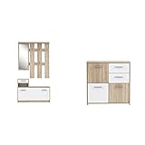 FORTE Foxi Kompaktgarderobe inklusive Spiegel, 97.5 x 25 x 180 cm & Quadro Kommode mit 3 Türen und 2 Schubkästen, Holzwerkstoff, Sonoma Eiche / Weiß, 77.2 x 29.6 x 77.5