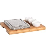 MÄSER 931758 Heißer Stein, Grillstein Set mit Naturgrillstein aus Granit, 3 Dipschalen und Bambus Holzplatte-Hot Stone Grill-perfekt für Steak, Fleisch und F