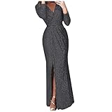 Split Sexy Pailletten Abendkleid Damen V-Ausschnitt Langarm Sequins Homecoming Kleid Maxikleid Elegant Schulterfreies Kleid Pailletten Bodycon Cocktailkleid Seitensplit Vintage Flapper Partyk