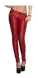 In-Stylefashion Jeans Boyfriend Treggings Stretch Röhre Skinny Jeggings Leder-Optik Nieten (36, Rot)