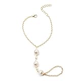 AmDxD Böhmisch Ringe Armband Basteln, Y Kette Ring Armreifen mit Perle, Vergoldet Armschmuck Damen, Gold, 22CM Läng