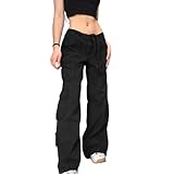 Junliber Y2K Baggy Jeans für Damen, niedrige Taille, Cargo-Denim-Hose, gerades weites Bein, Distressed Hose, Indie-Ästhetik, Vintage, Streetwear, Z-schwarz, S