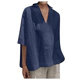 SHITOUJI Leinen Bluse Damen Oversize Lose V-Ausschnitt 3/4 Ärmel Oberteile Leinenbluse Casual Einfarbig Tops T-Shirt Blusenshirt Blusen Shirts S