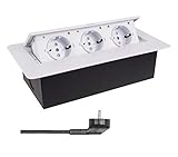 Versenkbare Einbausteckdose weiß mit Kabel/Stecker 3er Schuko Steckdose Tischsteckdose versenkbar Schreibtisch Stromdose Energ