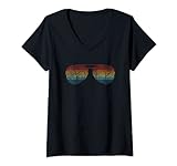 Damen 8 Bit Art Retro Vintage Sonnenbrille Party Sonnenuntergang Reflection T-Shirt mit V