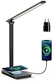 Schreibtischlampe, Augenschonende LED Schreibtischlampe mit Wireless Charger und USB, Tischlampe mit 5 Farb und 9 Helligkeitsstufen, Touch-Steuerung,Timer, Memory-Funktion, zum Lernen, Arbeiten-10w