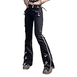 Damen Niedrige Taille Baggy Jeans Y2K Harajuku Gothic Cargohose Lose Wide Leg Denim Hose Dunkel Punk Jeanshosen Streetwear (Schwarz, M)