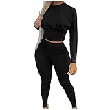 Ansenesna Damen Jogginganzug Bauchfrei Eng Elegant Hausanzug Frauen Crop Zweiteilig Einfarbig Trainingsanzug 2 Teilig Sportanzug Anzug Bekleidungsset Langarm Oberteile und Hose (Schwarz,XXL)