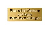 Briefkastenschild Bitte-Keine-Werbung-und-Keine-kostenlosen-Zeitungen | 66x25 mm vollflächig selbstklebend Material Aluminium mattgold eloxiert Messingschild-Optik Nr.28994-M