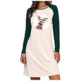 Damen Weihnachts Minikleid Etuikleid Elch Drucken Partykleid Gerades Kleid mit Farbblock Patchwork Herbstliches Sweatshirtkleid O Ausschnitt Raglan Weihnachten Langarm Wildes Kleid A-L