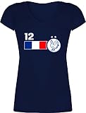 Fussball WM 2022 Fanartikel - 12. Mann Frankreich Mannschaft - L - Dunkelblau - Tshirt Frankreich - XO1525 - Damen T-Shirt mit V
