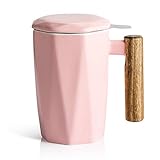 SWEEJAR Teetasse aus Porzellan mit Teesieb und Deckel, Holzgriff, 500 ml, geometrische Form, Teetasse zum Aufziehen, Teeliebhaber, Geschenk, Zuhause, Büro (Pink)