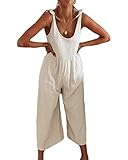 GUOCU Jumpsuit Damen Baumwoll Leinen Overalls Rundhals Einfarbig Beiläufig Baggy Sommerhose Einteiliger Playsuit Oversize Ärmelloser Schlinge Lose Lang Trägerhosen,Weiß,M