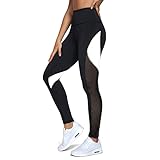 QUEENIEKE Damen 25 inch Yoga Leggings Neunte Hose Farbe Blocking Mesh Workout Laufleggings Strumpfhosen,Schwarz,L