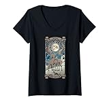 Damen Tarot Karte Der Mond The Moon XVIII Wolf Okkult Occult Hexe T-Shirt mit V