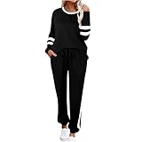 AFFGEQA Damen Herbst Winter Gestreifter Langarmhose Jogginganzug Sportbekleidung Einfarbig Jogginghose Hosenanzug Freizeitanzug Trainingsanzug 2-teiliges Track