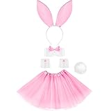 SATINIOR Damen Hase Zubehör Kostüm Set, Kaninchenohr Stirnband, Manschetten, Kragen Fliege, Kaninchen Schwanz für Halloween Weihnachten Cosplay Party (Rosa)