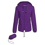 Damen Casual Langarm Rundhals Packable Outdoor-Kleidung Loose Fit Einfarbig Windbreaker Regenmantel Slim Fashion Style Regenfest Kapuze Verstellbarer Kordelzug, violett, Larg