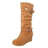 Hohe Stiefel Damen Wildleder Winterstiefel mit Keilabsatz und Schnalle, Frauen Winterboots Langschaftstiefel Bequem Winter Warme Damenschuhe Celucke (Braun, 35 EU)