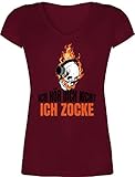 Nerd Geschenke - Ich hör Dich Nicht Ich zocke Totenkopf - XXL - Bordeauxrot - Ich höre Dich Nicht ich zocke - XO1525 - Damen T-Shirt mit V