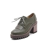 LcHuiBo Damen Fransen Lace-up Pumps Oxfords Perforierte Flügelspitze Leder Chunky High Heel Fashion Oxford Schuhe Brogues rutschfeste Freizeitschuhe (39,Green)