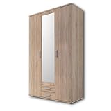 KARL Eleganter Kleiderschrank 3-türig mit viel Stauraum - Vielseitiger Drehtürenschrank in Sonoma Eiche Optik mit Spiegeltür - 120 x 195 x 55 cm (B/H/T)