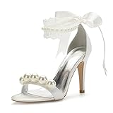 YiLuFanHua Damen Hochzeitsschuhe Stilettos Offene Spitze Sommersandalen Sexy Satin Nachgemachte Perle Schnürpumps Für Hochzeitsfeier Oder Abend,Ivory White,42 EU