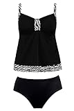 Ulla Popken Damen große Größen Übergrößen Plus Size Tankini, Softcups, Geraffte Büste, Zebra-Kanten schwarz 50 747873 90-50